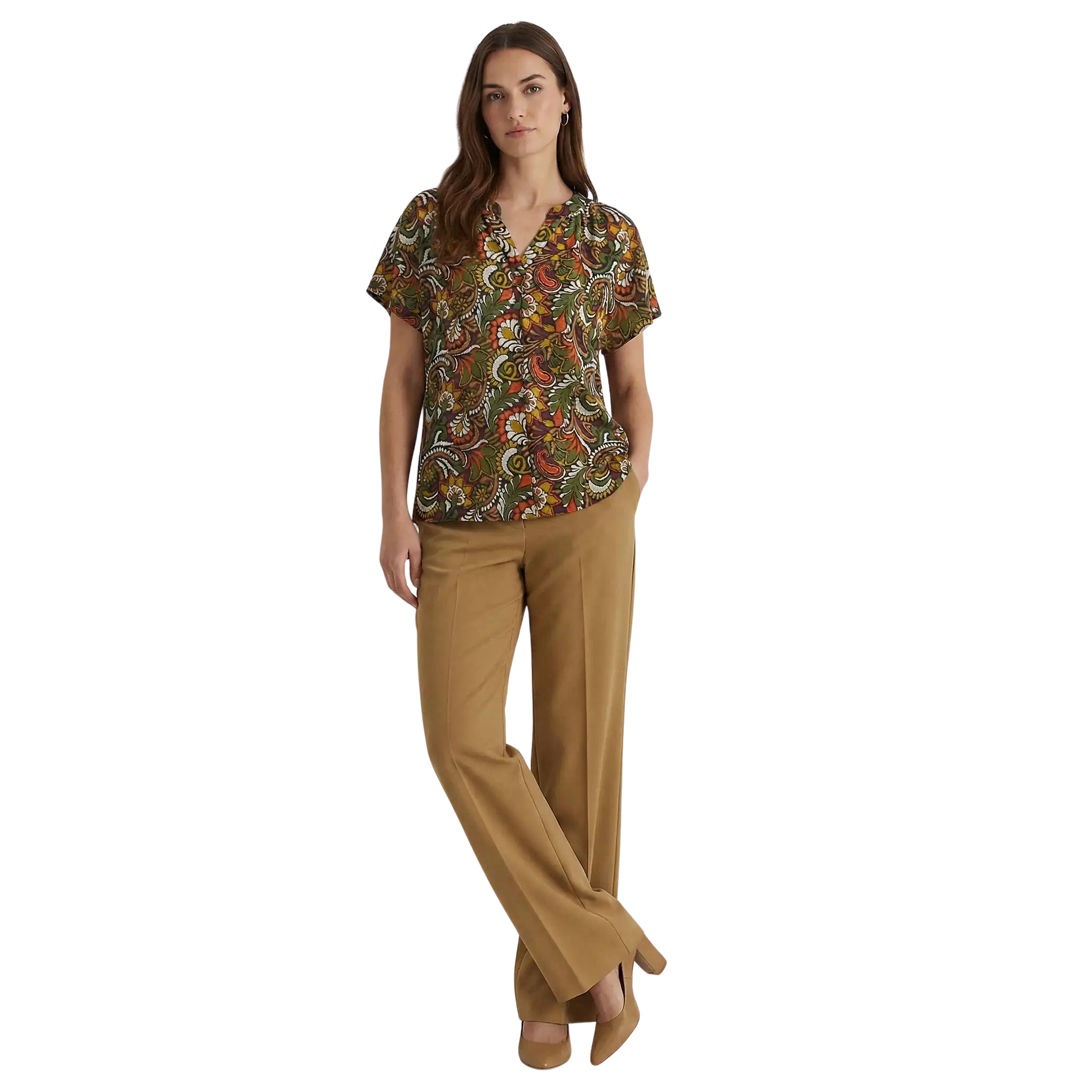 short sleeve woven top gold pants