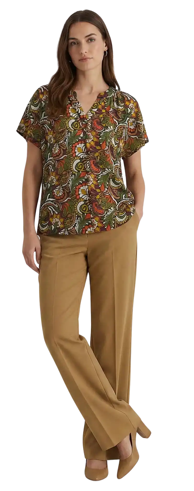 short sleeve woven top gold pants