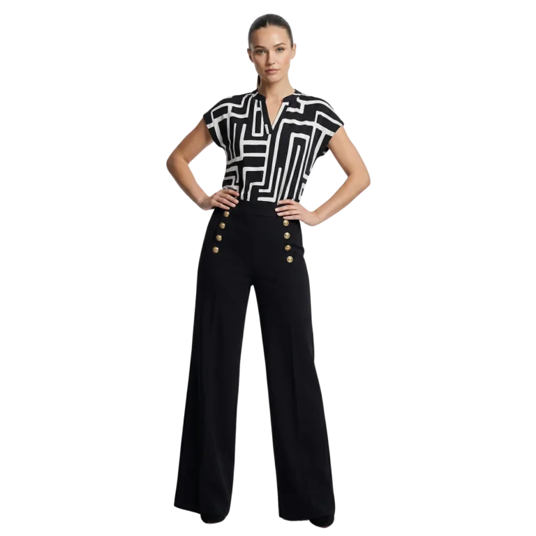 black white vneck top wide leg pat