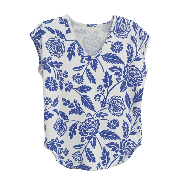 blue floral split neck