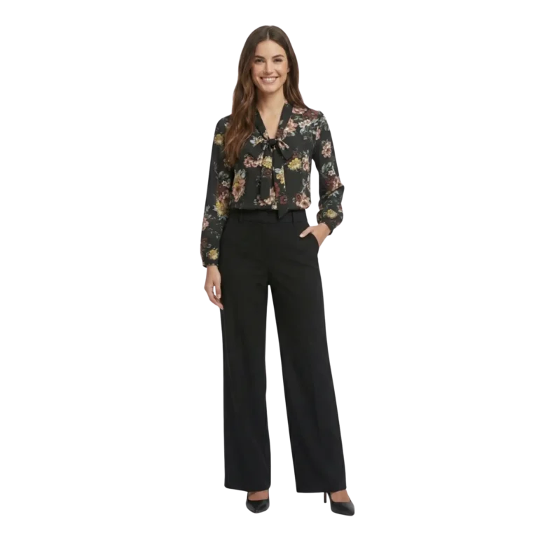 dark floral long sleeve blouse black pants