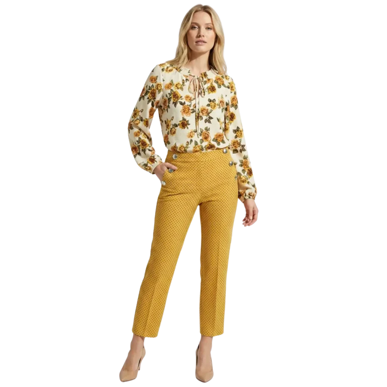 floral split tie neck top yellow pants