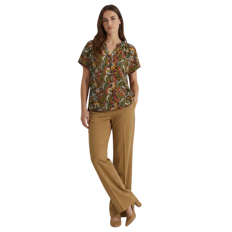short sleeve woven top gold pants